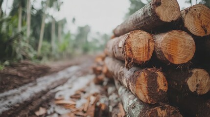 Logs stacked in a forest clearing on a rainy day in a tropical location