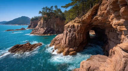 Obraz premium Rock formations rise majestically along a rugged coastline, with waves crashing against them. A natural cave is visible, surrounded by lush greenery against a clear blue sky