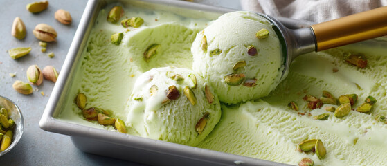 Pistachio ice cream served from a metal tray with an ice cream scoop. concept of food advertising, background banner