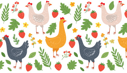 Cute vector seamless pattern with hand drawn flowers, bows, goose, chicken, leaves and herbs, strawberry. Cottagecore style. Spring and summer cozy background.doodle, graphic, meadow, print, tile, 