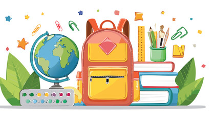 Big set of school supplies and education stickers. Back to school. Backpack, books, globe, pencil box, paints, ruler, pen, pencil. Suitable for prints,children, back to school, book, brush, doodle,