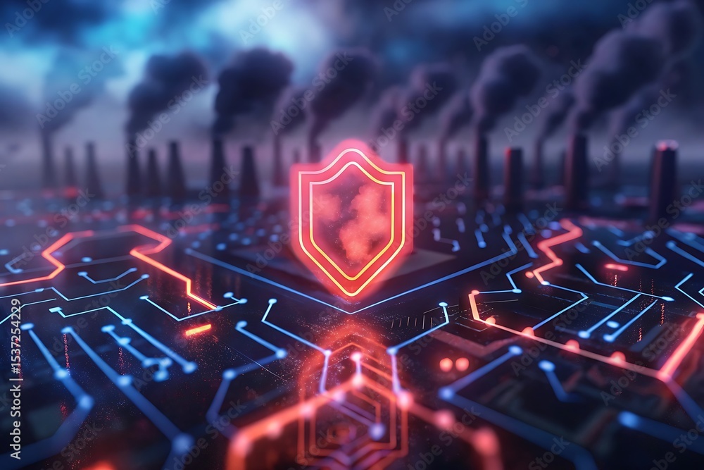Poster digital pcb shield icon on dark futuristic background. cybersecurity & network security concept. ai 