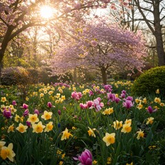 Naklejka premium Spring Garden with Pink Cherry Blossoms and Yellow Daffodils