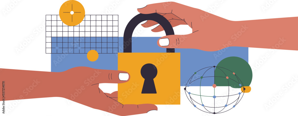 Poster security concept illustration with padlock and hands for data protection and privacy design concept 