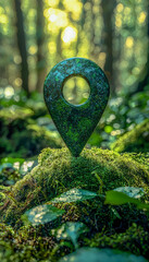 A metallic map location pin standing on mossy ground in a lush green forest