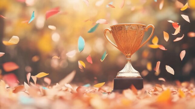 Celebration of victory with a trophy surrounded by colorful autumn leaves
