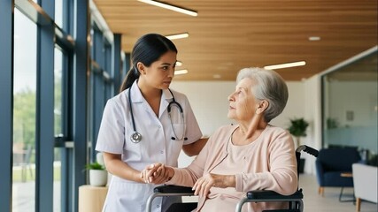 Young female doctor holding hands and providing comfort to a smiling senior woman in a wheelchair, bright corridor of a modern hospital or nursing home creating a warm atmosphere - Powered by Adobe