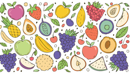 colorful fruits and berries. Abstract funny doodle style. Natural tropical fruits. Lemon, cherry, apple, peach, banana, strawberry, pineapple, fig, dragon fruit. Vector.fruit, doodle, abstract, 