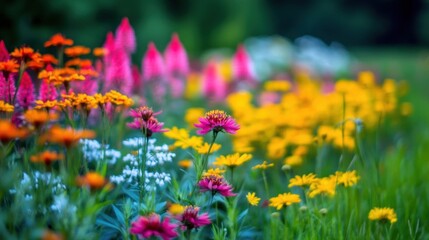 Fototapeta premium Vibrant collection of blooming flowers in a sunny garden setting
