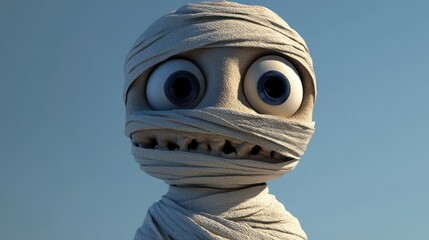 Cartoon mummy character, close-up, pale blue sky background, Halloween graphic