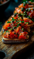 Toasted bread topped with smoked salmon, chopped tomatoes, and herbs on a wooden serving board