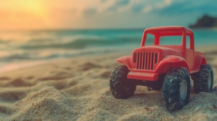 Colorful toy truck on sandy beach at sunset near ocean waves