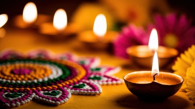 Burning candles and traditional decorations for diwali celebrations. - Powered by Adobe