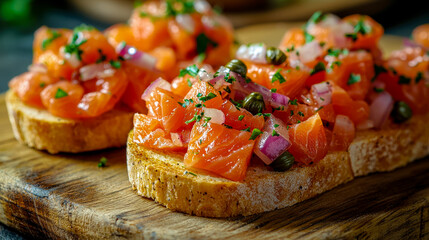 Smoked salmon crostini with chopped onion and chives on toasted bread
