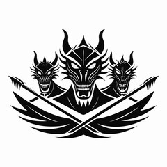 Three Fierce Black Dragon Heads with Crossed Spears Tribal Design