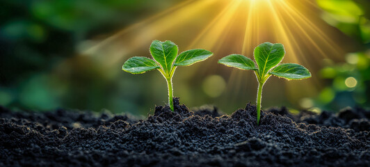 Two young plant seedlings sprouting from dark soil under sunlight