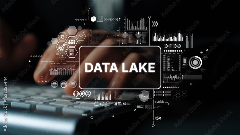 Poster hands typing on keyboard with data lake concept and digital graphics representing data analysis and 