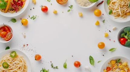 Various pasta dishes and fresh vegetables arranged in a frame on white background. Colorful array of pasta and ingredients