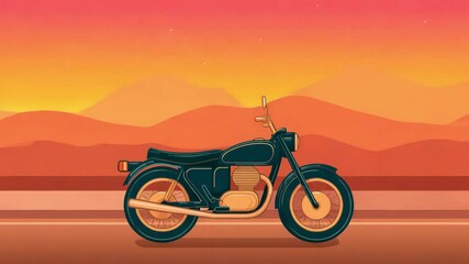 Precision Retro Classic Vintage motorcycle against sunset backdrop with vibrant colors