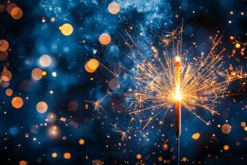 Sparkler firework with vibrant blue background and bokeh lights