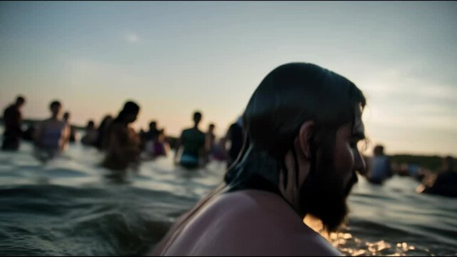 Man with beard experiences spiritual baptism at sunset amidst a gathering of people in a holy ceremony