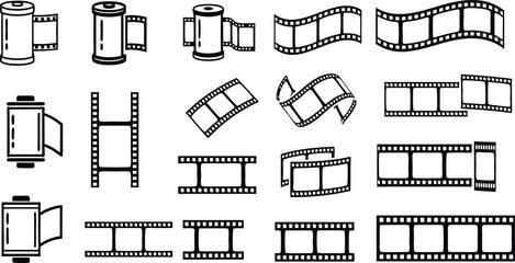 Black and White Film Roll and Strip Icons Set film strip