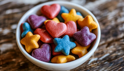 Colorful star and heart-shaped candies in a white bowl on a wooden surface