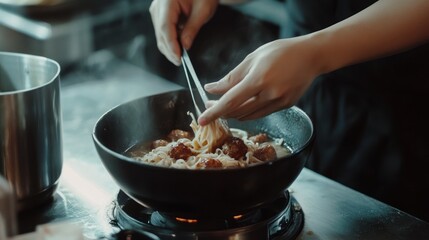 Chef preparing noodles with meatballs in a commercial kitchen
