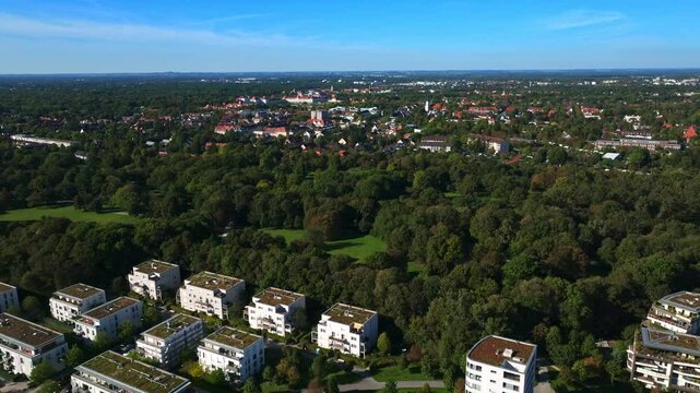 Aerial view of Hirschgarten, a spacious urban park in Munich, Germany, known for its open green areas, tree-lined paths, and one of the largest traditional beer gardens in the city. 30 September 2024