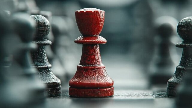 Strategic Chess Move: Hand Placing Red Piece in the Midst of Black Pawns