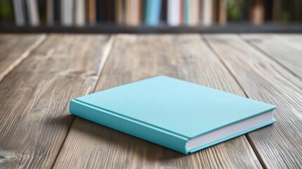Light blue book on wooden table rustic background library setting education reading knowledge