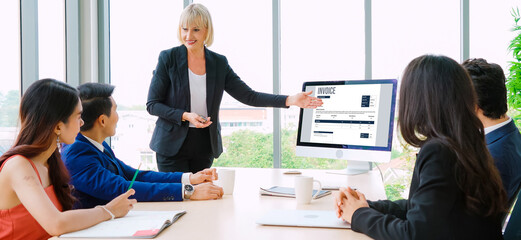 Invoice on computer screen from accounting application. Computer program for financial and budget of corporate business. Snugly.