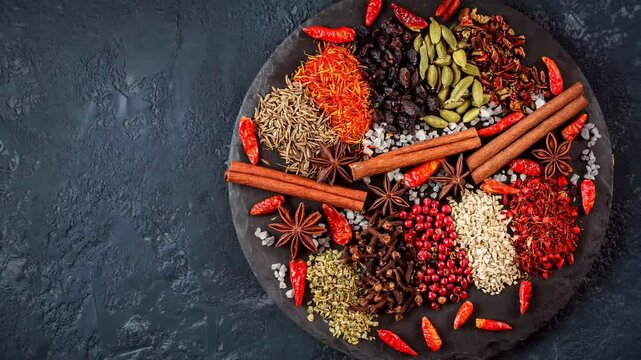 Various indian spices, seeds, herbs on dark stone table. Colorful spices, top view. Organic food, healthy lifestyle, space for text