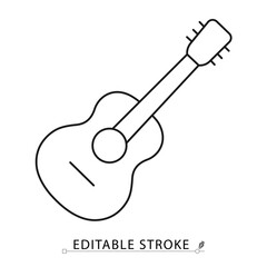 Guitar icon in minimal line style with editable stroke. Acoustic instrument, music symbol, string guitar for performance visuals, entertainment design, creative activity and sound production concept.