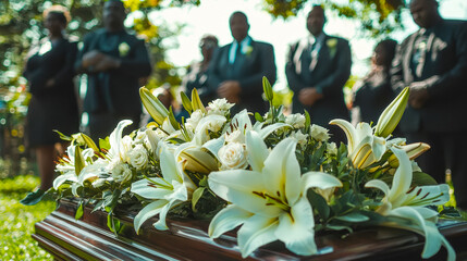 Funeral flower arrangement with lilies and roses at outdoor memorial service