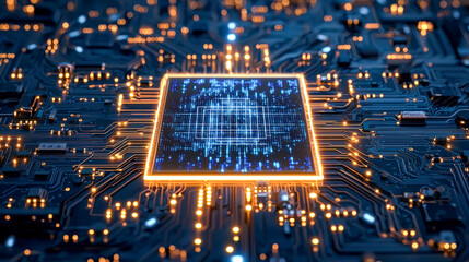 Futuristic digital security concept with glowing circuit board and data encryption visualization
