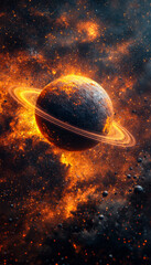 Stunning depiction of a planet with rings amidst a fiery cosmic nebula and star field in deep space