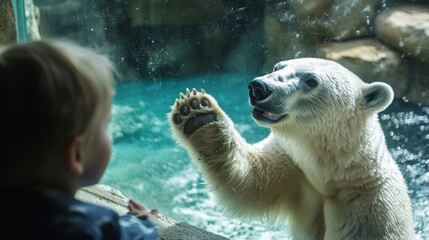 Child interacts with polar bear through zoo enclosure glass