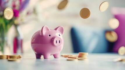 Obraz premium Colorful piggy bank surrounded by coins on a table