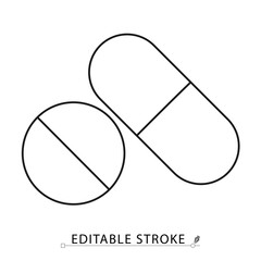 Pills icon in minimal line style with editable stroke. Medical tablet and capsule symbol, pharmaceutical element for healthcare visuals, drug treatment, prescription concept