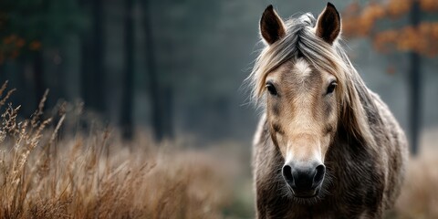 Obraz premium Horse standing in a misty field with autumn leaves in the background during early morning hours
