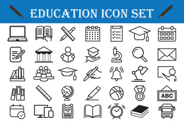 Education and school line icon set isolated on white background.  Containing classroom, students and teacher, e-learning, study, diploma icons set collection. Editable stroke. Vector illustration.