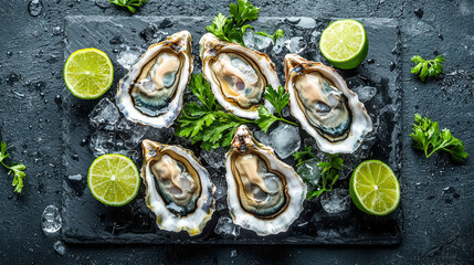Fresh oysters with lime slices and parsley on a black slate serving board with ice cubes