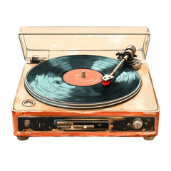 Vintage turntable playing a vinyl record with a brown and black body and a clear dust cover lifted up.