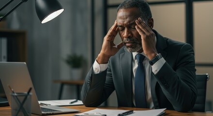 Mature, well-dressed african american man rubbing tired temples for headache or migraine from long work or office overtime.