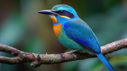 Fototapeta premium A vivid kingfisher with striking blue and orange plumage rests on a branch among lush green foliage. The sunlight enhances its brilliant colors, adding to the serene atmosphere