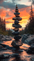 Obraz premium Balanced stack of stones in a calm river with beautiful sunset sky background