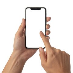 Finger Pointing at Phone Display on Transparent Background