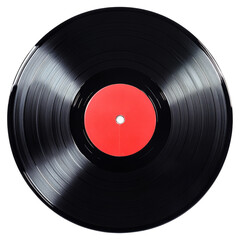Classic Black Music Record with Red Label on Transparent Background