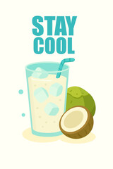 Refreshing coconut drink with ice cubes in a glass and tropical summer vibes